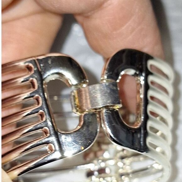 Women's Cuff Bracelet Metallic Accent Layered Silver Tone Hinged Runway - Picture 5 of 8